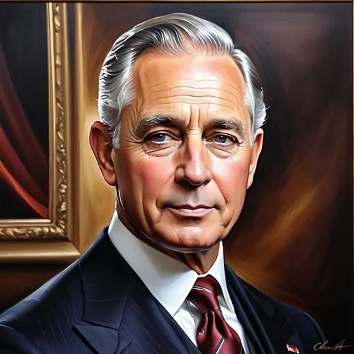 Prompt: Realistic oil painting of Charles, regal and distinguished, rich earthy tones, natural lighting, high quality, professional, detailed facial features, traditional, classic style, strong presence, charismatic expression, majestic aura