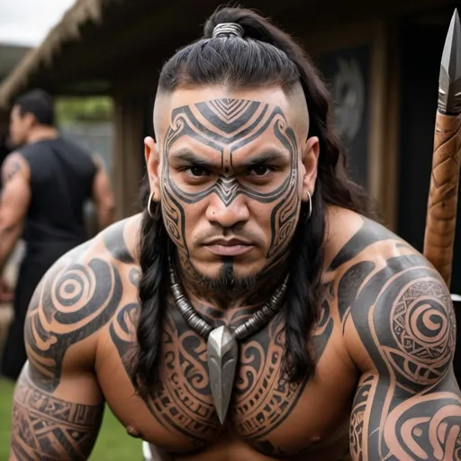 Prompt: Muscled maori warrior with weapons ready to fight battle, Māori face tattoo. Wearing 