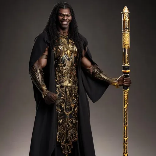 Prompt: a 7 foot one inch tall man. dark expresso skin, muscular build. long curly greyish hair, golden wolf irises and double set of canines in a open and warm smile. dressed in a traditional black jedi robes holding a golden ligthsaber
