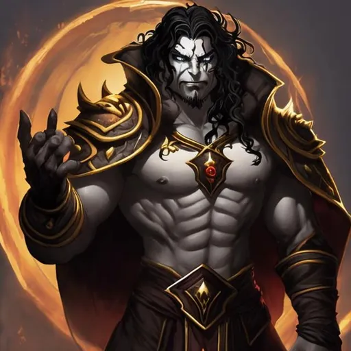 Prompt: make wrathion from world of warcraft, taller and more muscular with golden irises, curly black hair with streaks of grey, expresso colored skin, A warm compassionate smile. in a single piece venom suite without the symbol.
