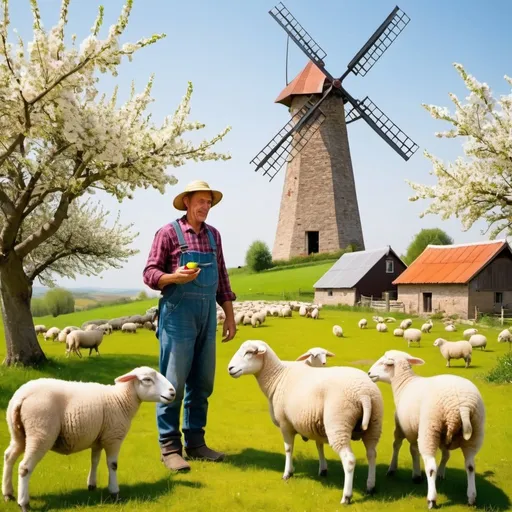 Prompt: A farmer in his farme withe family member eating seraounded by there sheep with a nice windmill flowers apple tree 
