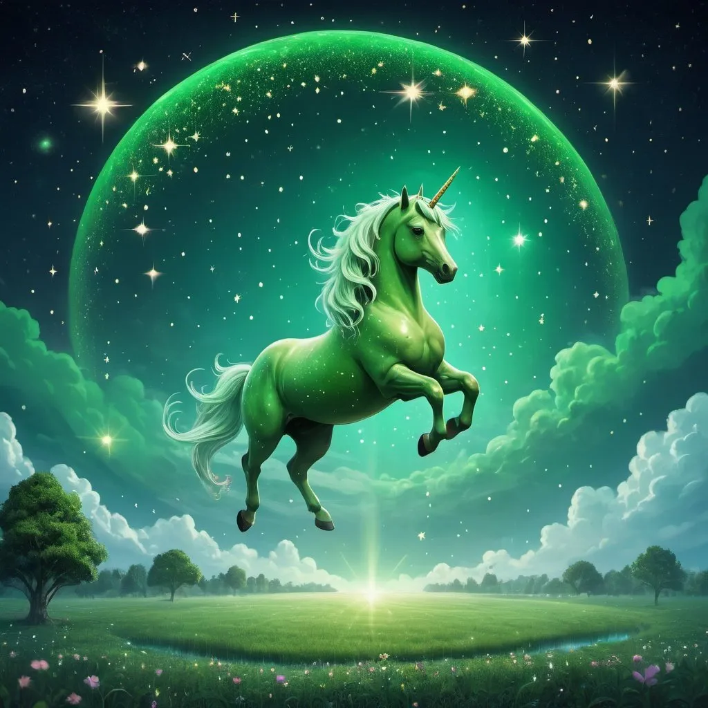 Prompt: A huge green medew with unicorn floating in the sky with magnificent stars around it 