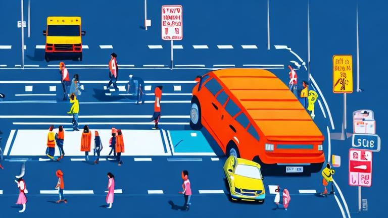 Prompt: Road safety campaign illustration, vibrant digital art, detailed cityscape, diverse group of people crossing the road, traffic signs and signals, high visibility clothing, clear road markings, attention-grabbing colors, professional, highres, ultra-detailed, digital art, vibrant colors, detailed cityscape, diverse group, road safety, clear markings, attention-grabbing, professional lighting