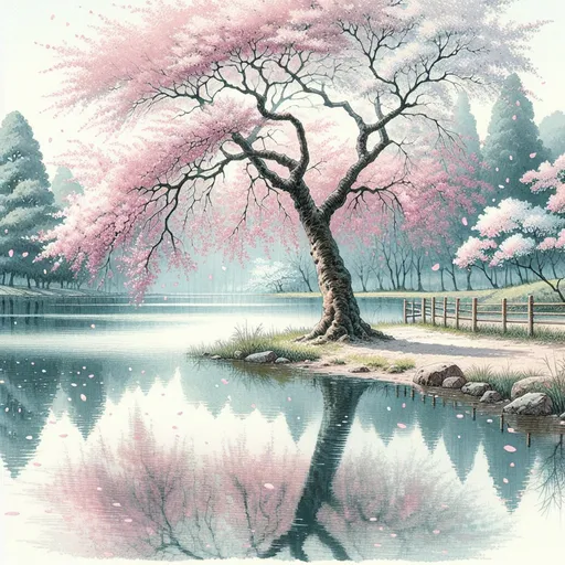 Prompt: Sakura tree by the lakeside, traditional Japanese watercolor painting, serene atmosphere, soft pink and pastel tones, gentle reflections on the water, delicate cherry blossom petals falling, high quality, traditional art, peaceful, pastel colors, calming, detailed water reflections, tranquil scenery