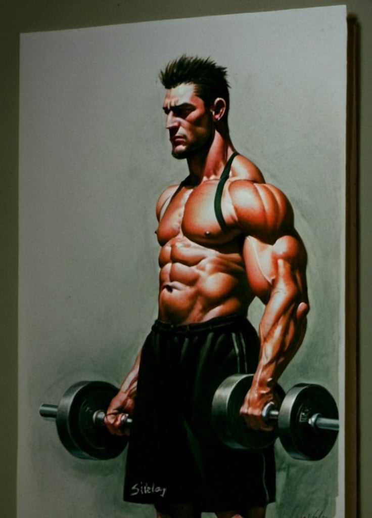 Prompt: drawing by simon bisley, very muscular, male, in the gym, lifting a lot of weight, barbell with weight.