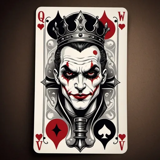 Prompt: vintage art thick stroke tattoo old school cards queen king sword deck illustration red and black eyes shading style street crazy illusionv joker joker 