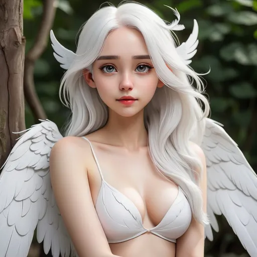 Prompt: Girl with white hair and white wings and bare feet 🦶🏻 