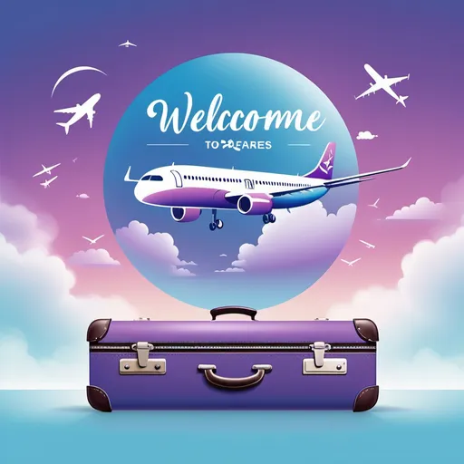 Prompt: Design a modern, vibrant welcome post for Dreamfares UK, a travel company. The image should feature a dreamy sky with soft gradients of blue and purple, an elegant silhouette of an airplane, and subtle travel icons like a globe and suitcase. Prominently display the text 'Welcome to Dreamfares UK' in stylish, inviting typography. The overall design should evoke a sense of adventure, professionalism, and warmth, perfectly suited for social media platforms.