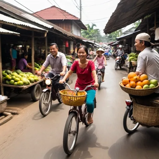 Prompt: A dad, a mom, a daughter, riding bikes, passing an indonesian traditional market