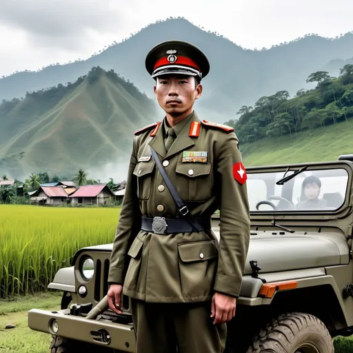 Prompt: a man in a military uniform standing in front of a jeep in a field with a hill in the background, Ding Guanpeng, sumatraism, rpg portrait, a character portrait