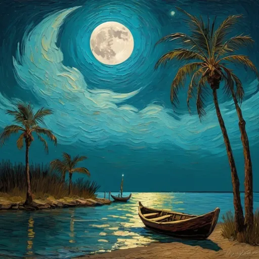 Prompt: Indian river dream, moon lit night ,van Gogh style 