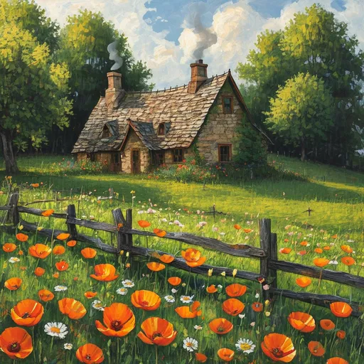 Prompt: A Rustic Farmhouse nestled amidst the fields, there’s an old stone farmhouse with a thatched roof. Smoke curls from its chimney, and a wooden fence surrounds the garden.The foreground is a patchwork of emerald-green fields dotted with wildflowers—poppies, daisies, and buttercups. The grass sways lazily, kissed by the sun.
Capture the play of light and shadow on the undulating hills—the way the colors shift as the sun moves across the sky.