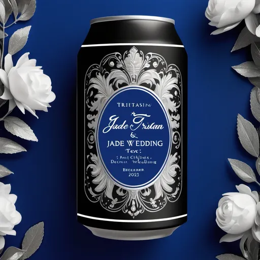 Prompt: black and white (accurately spelled text "Jade and Tristan's Wedding Beer Label, December 28, 2025"), elegant design, vibrant royal blue background, shimmering silver accents, sophisticated typography, luxurious vibe, festive atmosphere, classic motif elements, crisp detailing, modern layout, high-quality finish, appealing and inviting look, upscale gardening style, suitable for a celebration, unique and memorable 