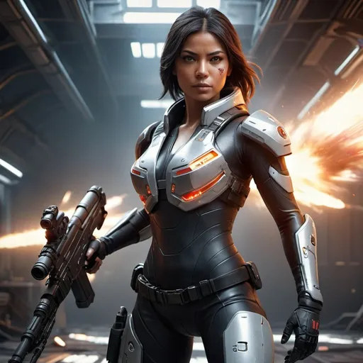 Prompt: Create a photorealistic full-body portrait of Torina Milon, a beautiful and strong character from Backyard Spaceship. She is dressed in skintight, futuristic battle armor that shows signs of wear and tear. She holds an advanced high-tech rifle with confidence. In the background, depict a dynamic space battle with spaceships fighting, explosions, and laser fire. Accompany her with her battle AI companion, a metallic falcon with gleaming red eyes, flying near her. Render this scene in the gritty, realistic style similar to The Division video game series, with ultra-high-definition detail. RAW photo, (high detailed skin:1.2), 8k uhd, dslr, soft lighting, high quality, film grain, Fujifilm XT3, photorealistic image