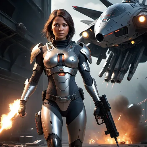 Prompt: Create a photorealistic full-body portrait of Torina Milon, a beautiful and strong character from Backyard Spaceship. She is dressed in skintight, futuristic battle armor that shows signs of wear and tear. She holds an advanced high-tech rifle with confidence. In the background, depict a dynamic space battle with spaceships fighting, explosions, and laser fire. Accompany her with her battle AI companion, a metallic falcon with gleaming red eyes, flying near her. Render this scene in the gritty, realistic style similar to The Division video game series, with ultra-high-definition detail