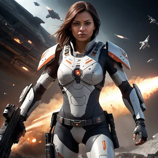 Prompt: Create a photorealistic full-body portrait of Torina Milon, a beautiful and strong character from Backyard Spaceship. She is dressed in skintight, futuristic battle armor that shows signs of wear and tear. She holds an advanced high-tech rifle with confidence. In the background, depict a dynamic space battle with spaceships fighting, explosions, and laser fire. Accompany her with her battle AI companion, a metallic falcon with gleaming red eyes, flying near her. Render this scene in the gritty, realistic style similar to The Division video game series, with ultra-high-definition detail