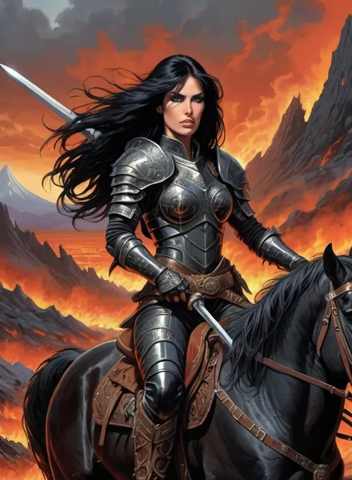 Prompt: digital art of female dressed as warrior with long black hair metal armor branding a flamed sword riding a black horse in a post apocalyptic world with volcanoes and dragons in the sky, by Larry Elmore, by Justin Gerard