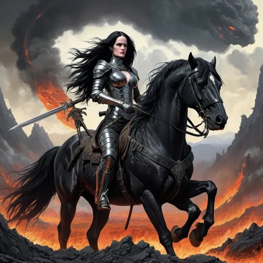 Prompt: digital art of a Eva Green dressed as warrior with long black hair metal armor branding a flamed sword riding a black horse in a post apocalyptic world with volcanoes and dragons in the sky, by Larry Elmore, by Justin Gerard