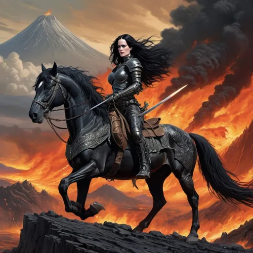 Prompt: digital art of a Eva Green dressed as warrior with long black hair metal armor branding a flamed sword riding a black horse in a post apocalyptic world with volcanoes and dragons in the sky, by Larry Elmore, by Justin Gerard