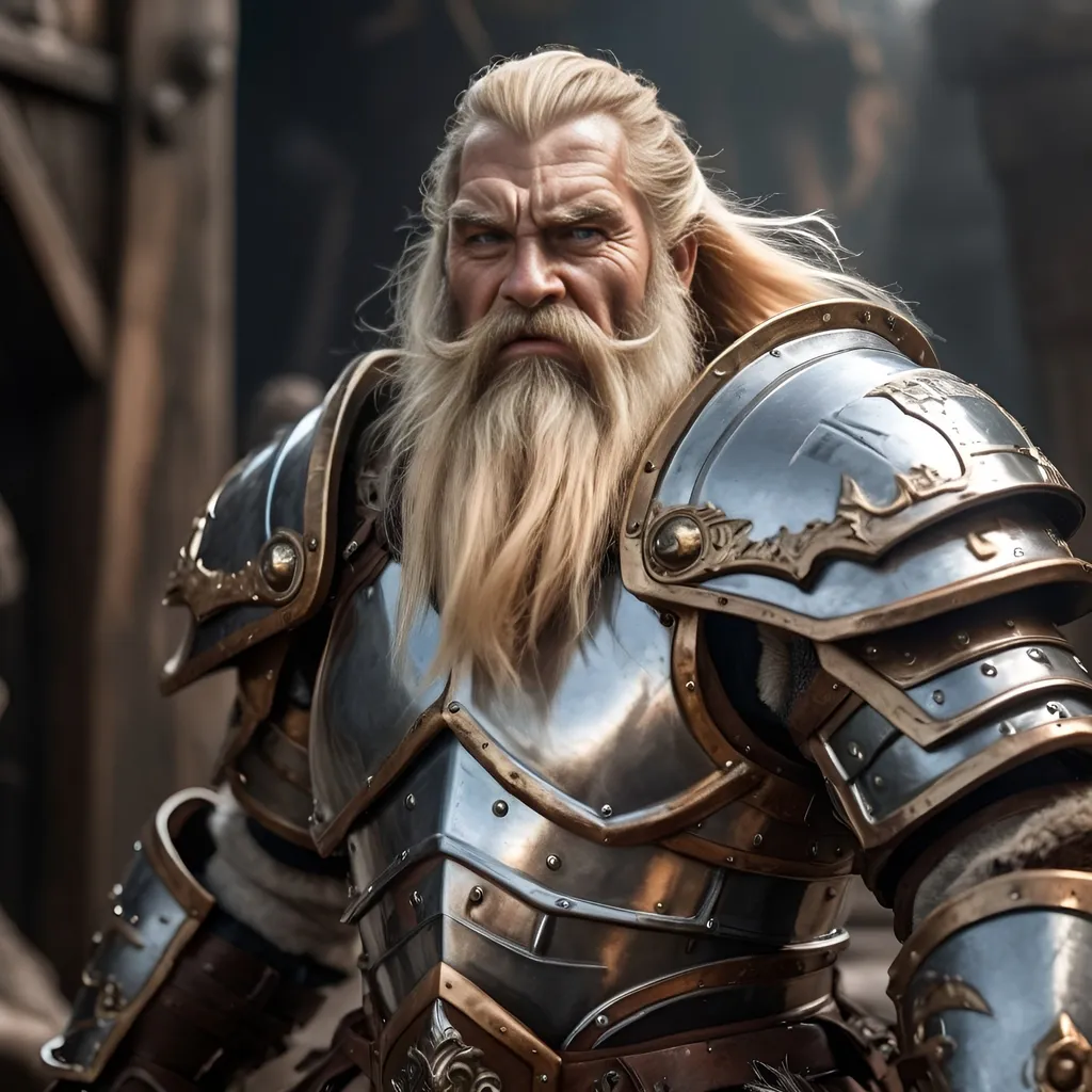Prompt: A strong dwarf with long blonde hair and beard, wearing chrome plate armor, wielding a one-handed warhammer, detailed facial features, metallic rendering, epic fantasy, strong and sturdy build, intense expression, dramatic lighting, high quality, metallic, fantasy, detailed facial features, strong build,