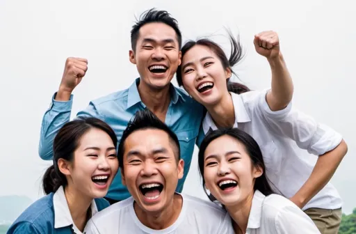 Prompt: a poster with a group of people laughing together theme blue shirt and White Shirt ,Blackground white color asien people