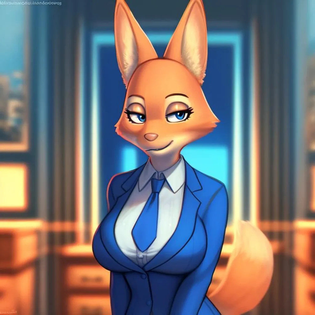 Prompt: diane foxington, wearing blue business attire, detailed artwork, 4k