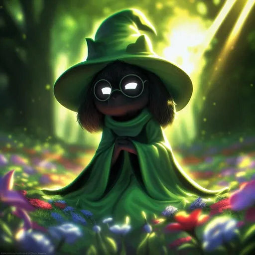 Prompt: Disney Pixar style Ralsei, highly detailed, black body, fluffy, intricate, pure white eyes, No pupils, beautiful, soft dramatic lighting, light shafts, radiant, ultra high quality octane render, daytime forest background, field of flowers, bokeh, hypermaximalist