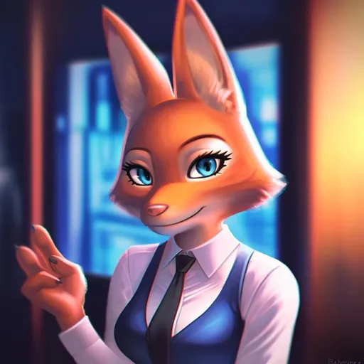 Prompt: diane foxington, wearing blue business attire, portrait, detailed artwork, 4k