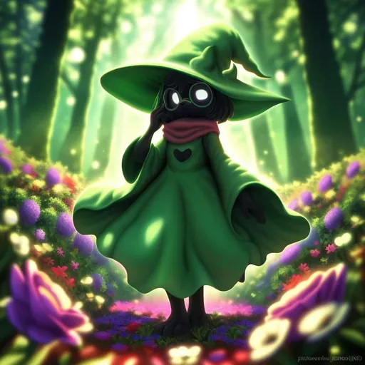 Prompt: Disney Pixar style Ralsei, highly detailed, black body, fluffy, intricate, pure white eyes, No pupils, beautiful, soft dramatic lighting, light shafts, radiant, ultra high quality octane render, daytime forest background, field of flowers, bokeh, hypermaximalist