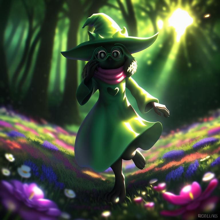 Prompt: Disney Pixar style Ralsei, highly detailed, black body, fluffy, intricate, pure white eyes,  beautiful, soft dramatic lighting, light shafts, radiant, ultra high quality octane render, daytime forest background, field of flowers, bokeh, hypermaximalist 