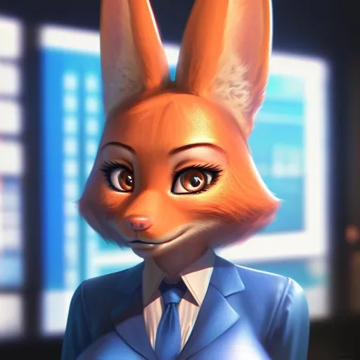 Prompt: diane foxington, wearing blue business attire, orange eyes, portrait, ultra realistic, detailed artwork, 4k