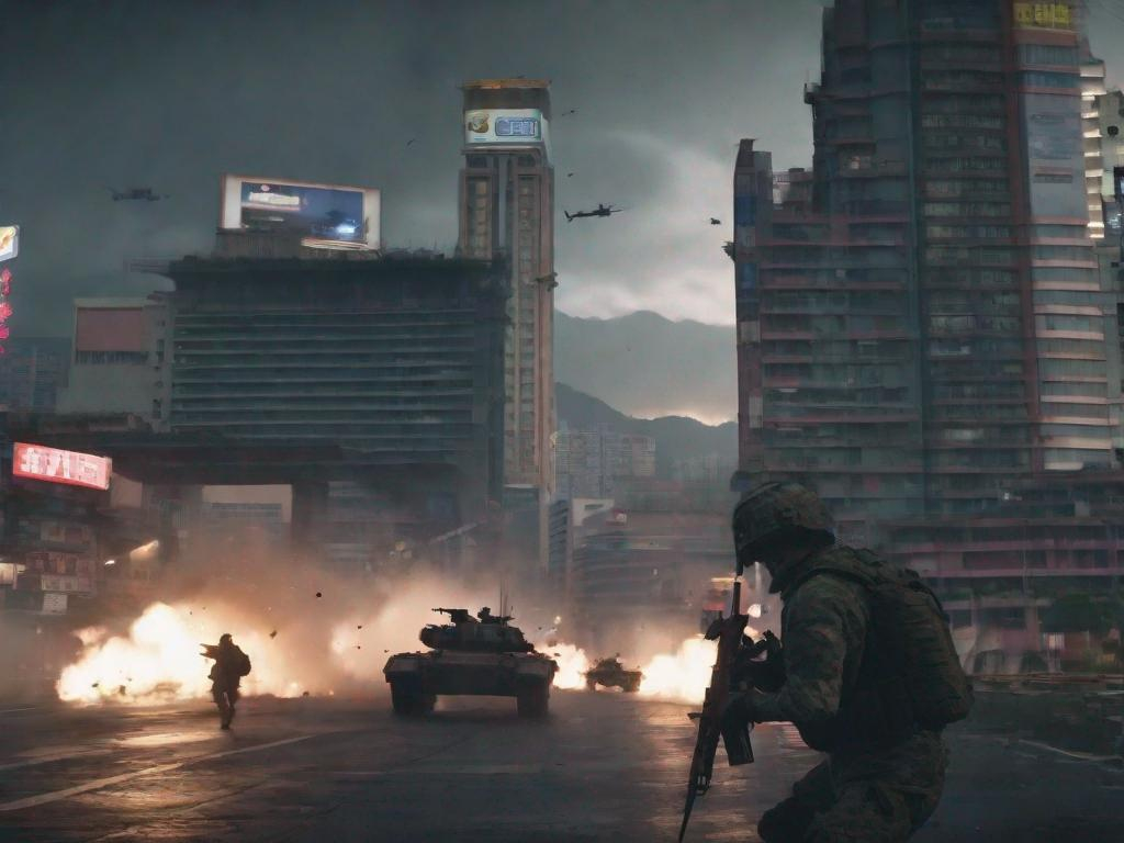 Prompt: war in taipei, modern warfare, cinematic, 8k