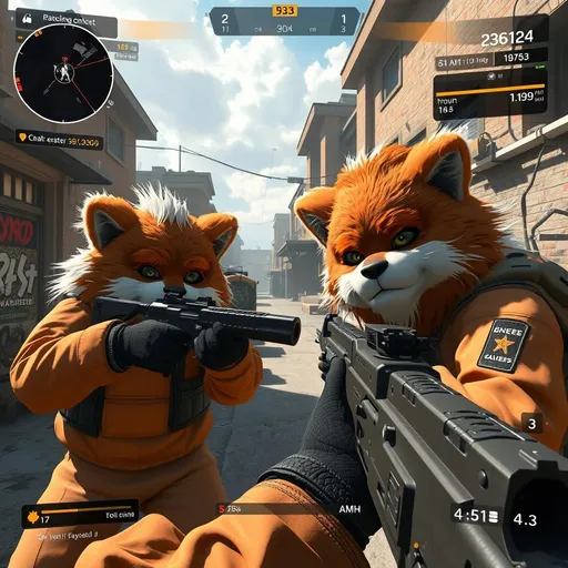 Prompt: counter-strike gameplay stream, hud, heads up display elements, furry player models