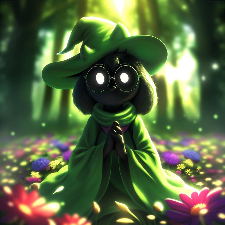 Prompt: Disney Pixar style Ralsei, highly detailed, black body, fluffy, intricate, pure white eyes, No pupils, beautiful, soft dramatic lighting, light shafts, radiant, ultra high quality octane render, daytime forest background, field of flowers, bokeh, hypermaximalist
