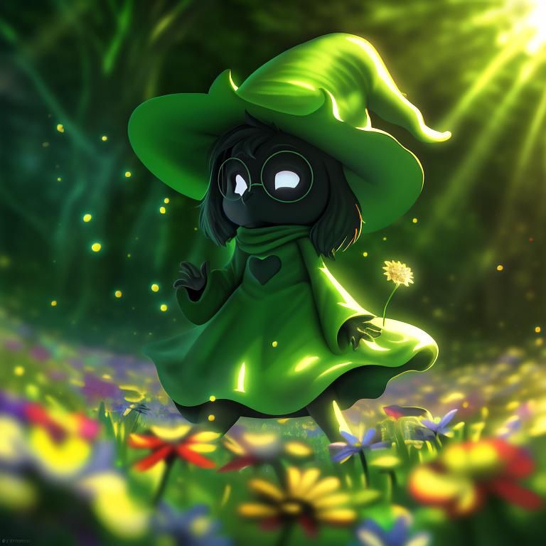 Prompt: Disney Pixar style Ralsei, highly detailed, black body, fluffy, intricate, pure white eyes, No pupils, beautiful, soft dramatic lighting, light shafts, radiant, ultra high quality octane render, daytime forest background, field of flowers, bokeh, hypermaximalist