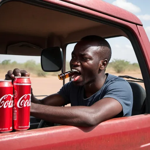 Prompt: African guy driving a truck and snorting coke in it 
