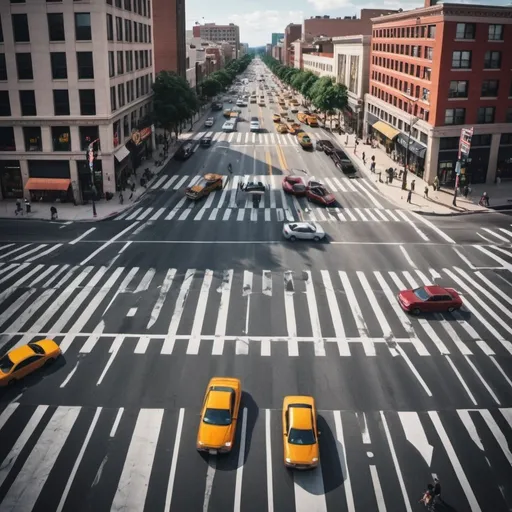 Prompt: Create a picturesque image of a very busy intersection where there are so many cars crossing the roads that a pedestrian cannot possibly cross it. Take the viewpoint of the pedestrian.

