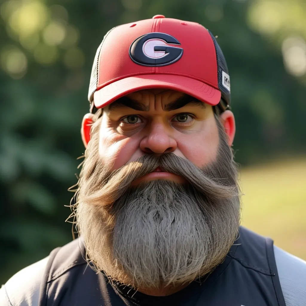 Prompt: A dwarf with a thick beard wearing a Georgia Bulldogs trucker cap.