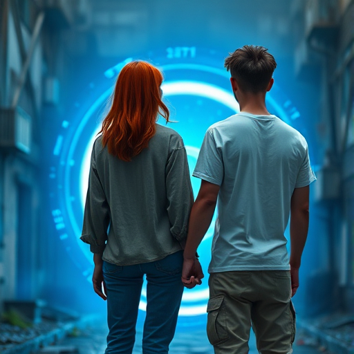 Prompt: An Urban Fantasy scene with a back views of  a man and woman standing, holding hands.  They are staring into a magical blue glowing portal.  The woman is a redhead with a loose fitting, long sleeve shirt and loose jeans.  The man has very short, messy hair and is wearing a blank t-shirt and cargo pants.