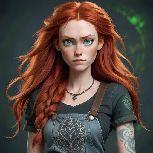 Prompt: A tall woman in her early twenties dressed in shabby jeans and a dark t-shirt.  She has Norse ancestry and she has red hair, green eyes and faded blue runes on her skin.  She has a faint blue nimbus around her.