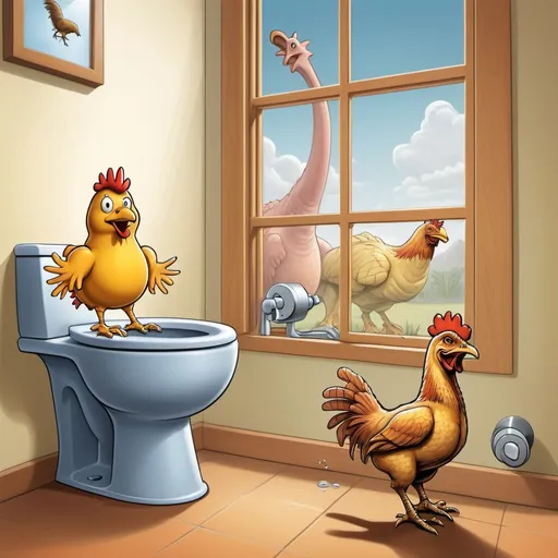 Prompt: Ilustrame un pollo orinando en su inodoro mientras un dinosaurio está en la ventana 