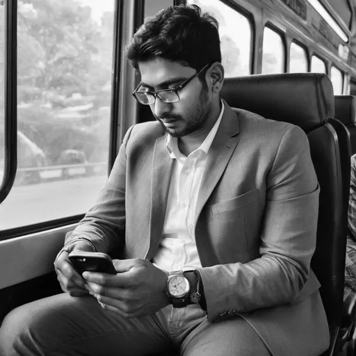 Prompt: a man sitting on a bus looking at his cell phone while holding a cell phone in his hand and looking at his watch, Bikash Bhattacharjee, samikshavad, denoised, a black and white photo