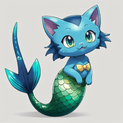 Prompt: A new pokemon which is like a mermaid but instead of half human and half fish it is half cat and half fish, and the cat is blue and fish tail is green, anime style for small kids 