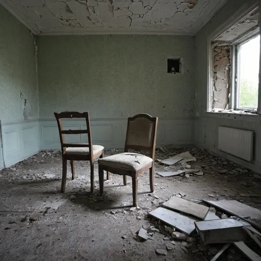 Prompt: Abandoned room, everything is ruins, one chair 