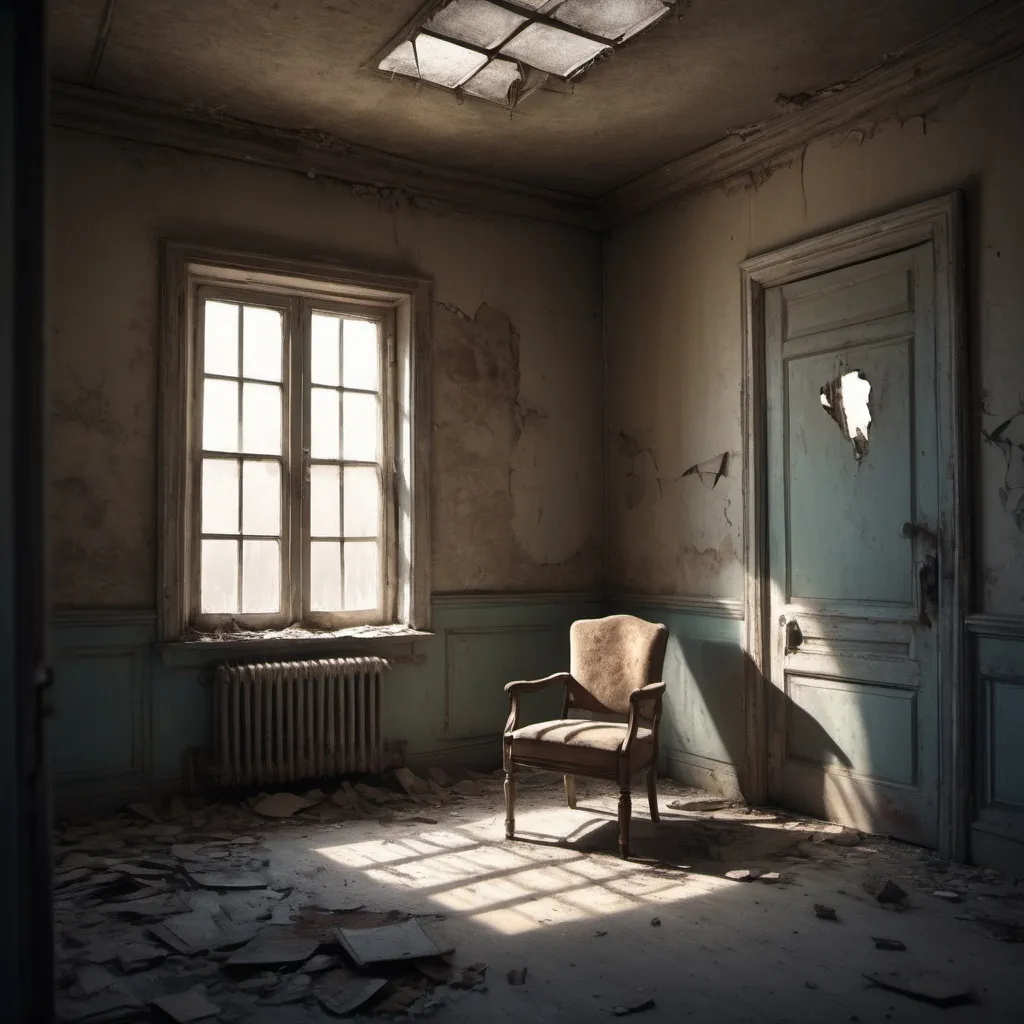 Prompt: Abandoned room, everything is ruins, one chair 