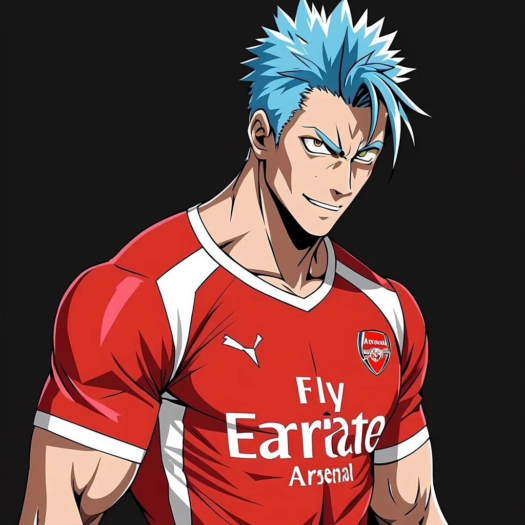 Prompt: arsenal player, personality picture, arsenal fan, sly face, red shirt vivid picture, muscular man, sharp face, grimmjow, black background, arsenal logo