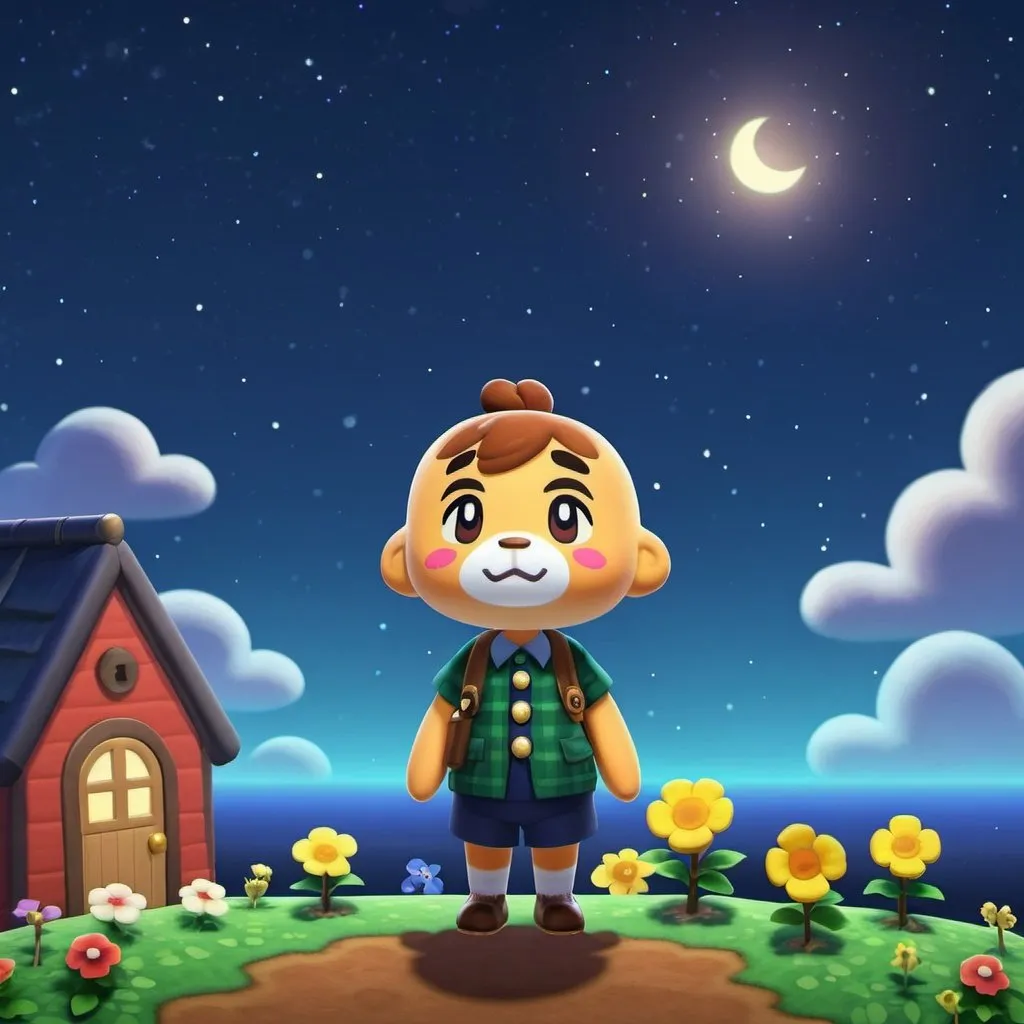 Prompt: animal crossing villager in night sky