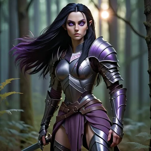 Prompt: Dark Elf female knight black hair purple eyes in a dark, mystical forest around moonlight  full body sharp features brienne of Tarth  muscular tall fierce long hair Battle armour