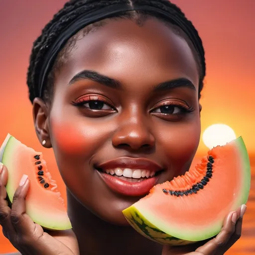 Prompt: primer plano de rostro de mujer de piel negra comiendo una tajada de melon de color rojo, recrea un atardecer con detalles desenfocados al fondo, da la sensacion de sexulidad goteando el jugo del melon de su boca, el fondo debe ser em exteriores como un paisaje pero borroso. ten presente la piel de raza negra