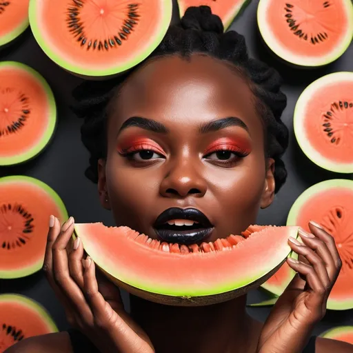 Prompt: primer plano de rostro de mujer de piel negra comiendo una tajada de melon de color rojo, recrea un atardecer con detalles desenfocados al fondo, da la sensacion de sexulidad goteando el jugo del melon de su boca, el fondo debe ser un paisaje exteriores como un paisaje pero borroso. ten presente la piel de raza negra, muestra la cabeza completa hasta el pecho. imagina que cae de su boca el jugo del melon.